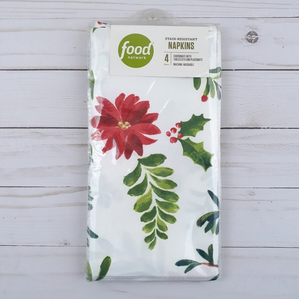 Fabric Dinner Napkins Christmas Poinsettia Flowers Holly 20x20 inch Set of 4